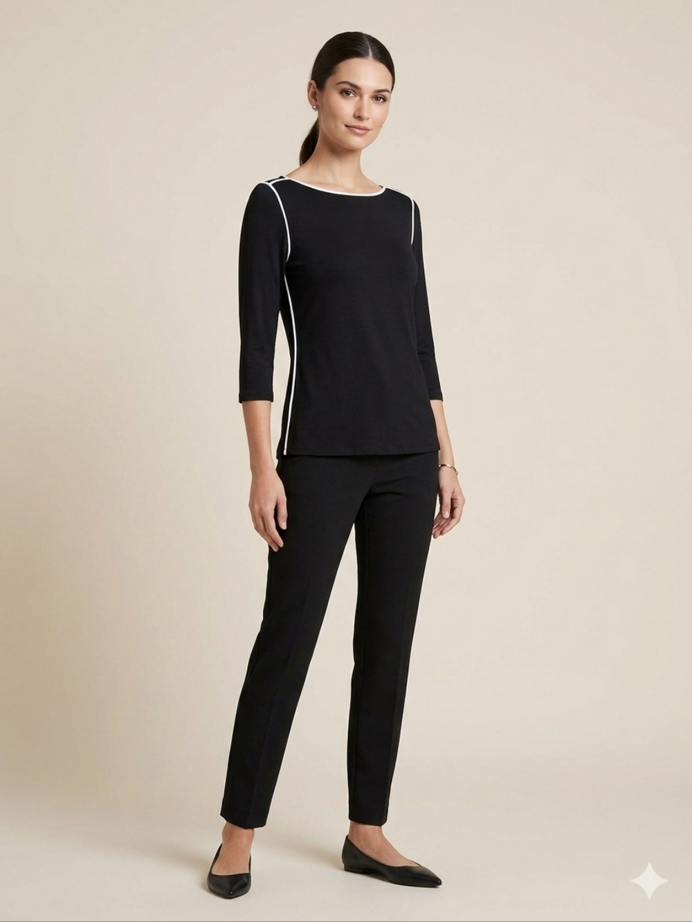 Tahari Elements Black 3/4 Sleeve Modal Stretch Top White Trim Small Minimalist